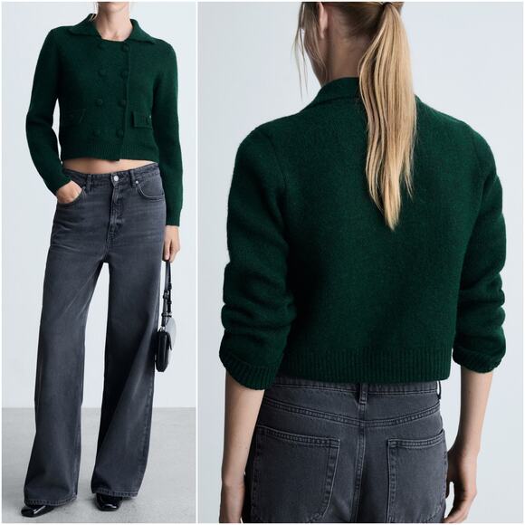 MANGO MNG Double-Breasted Crop Knit Forest Green Collared Sweater Jacket Size L - Picture 2 of 8